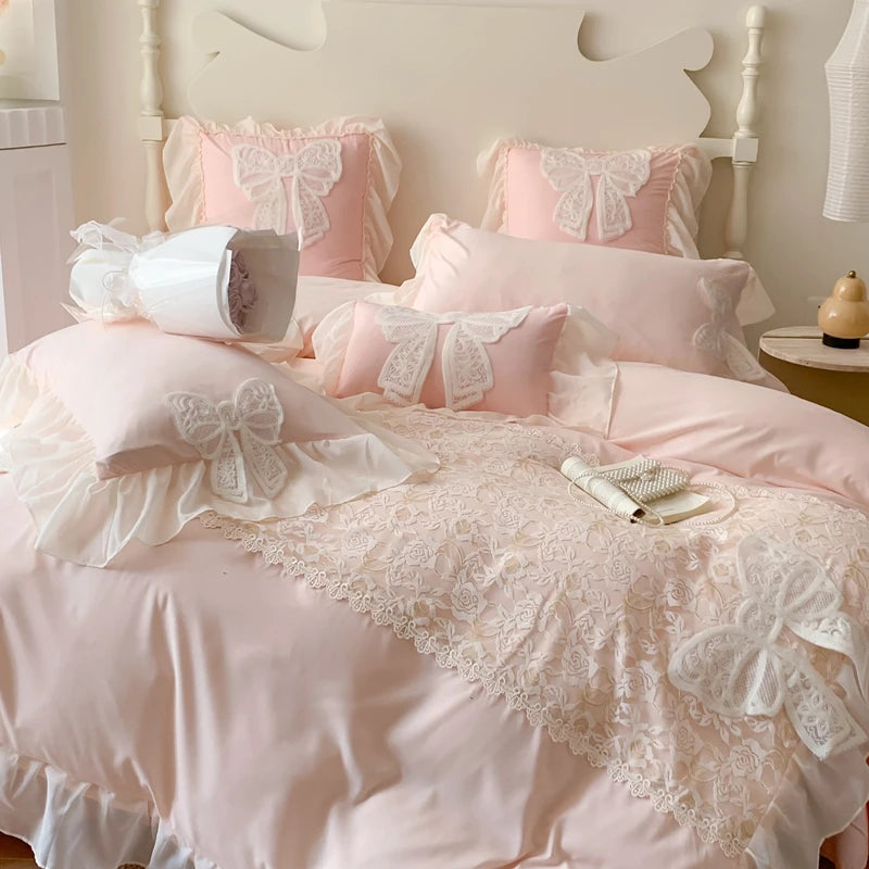 Princess Bedding Set Coquette Lace Bow  Beauty Solid Color Lace Ruffle Comforter Sets Luxury Girls Wedding  Duvet Cover