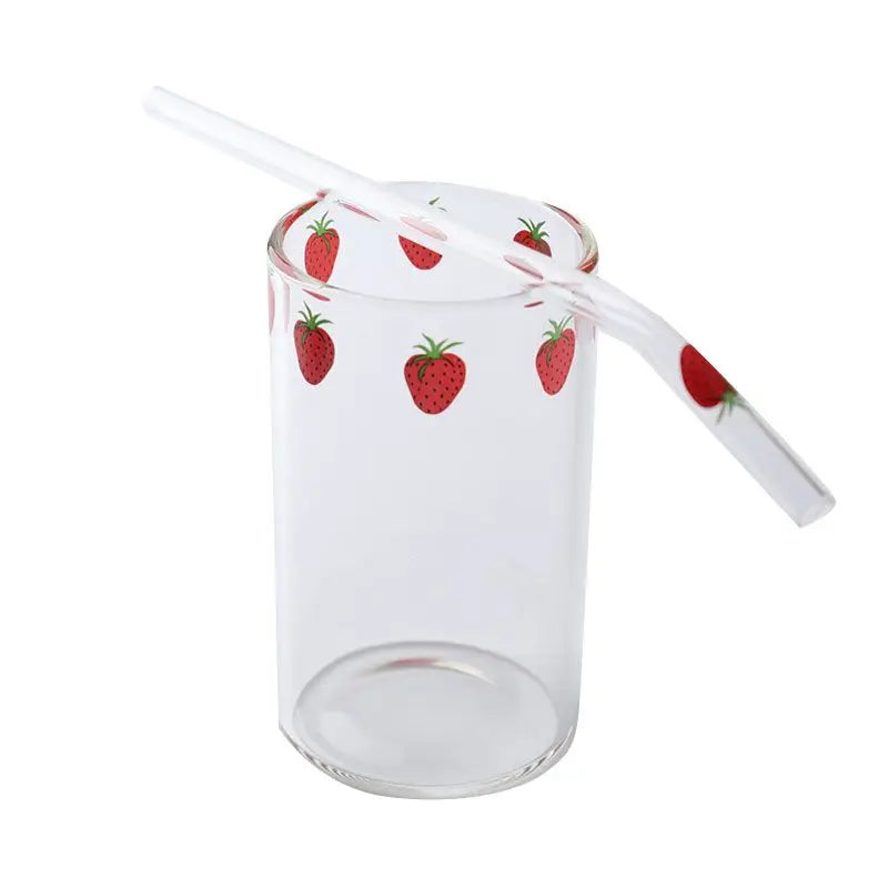 Ins Nana Strawberry Glasses Heat Resistant Coffee Milk Water Cups with Straws Clear Cute Juice Smoothie Cold Drinks Straw Cup