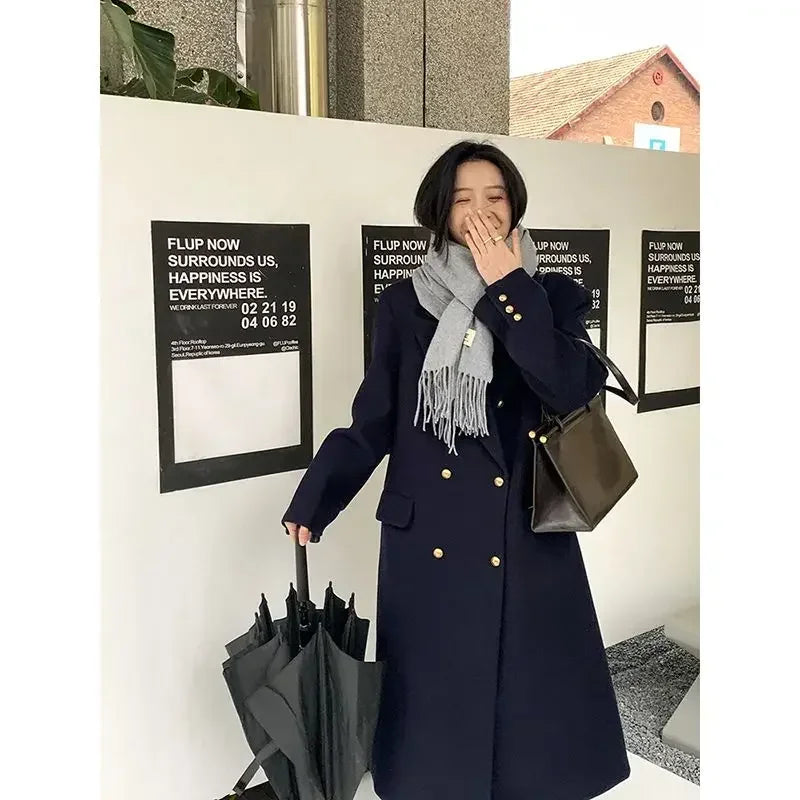 New British Style Navy Blue Woolen Coat Women Jackets Winter Clothes Double breasted Mid Length Wool Suit Jackets Women Clothing