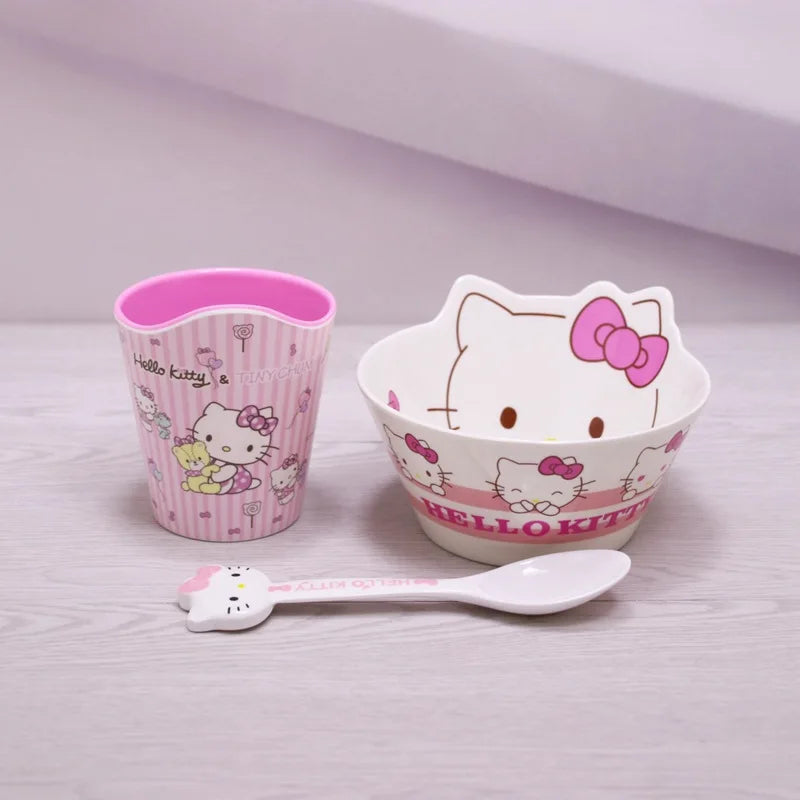 Sanrio Kawaii Hello Kitty Cat Face Plate Child Cutlery Set Bowl Chopsticks Spoon Fall Resistance Have A Meal 2-14 Years Old Cute