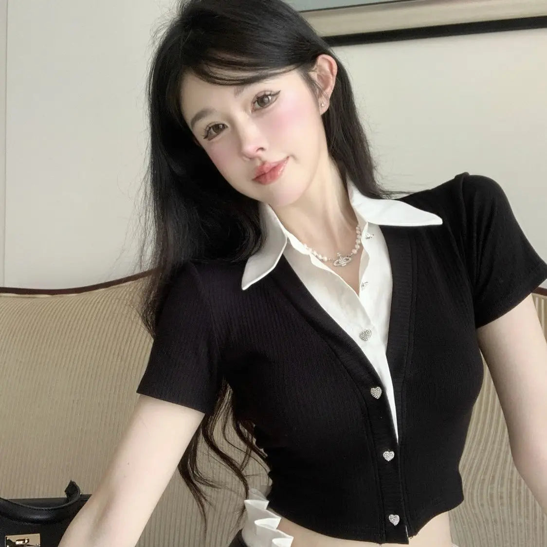 Polo Neck Shirt for Women Coquette Clothes Sexy Plain Crop Woman T Top Black Button Y2k Fashion Youth Cheap Tops on Offer Luxury