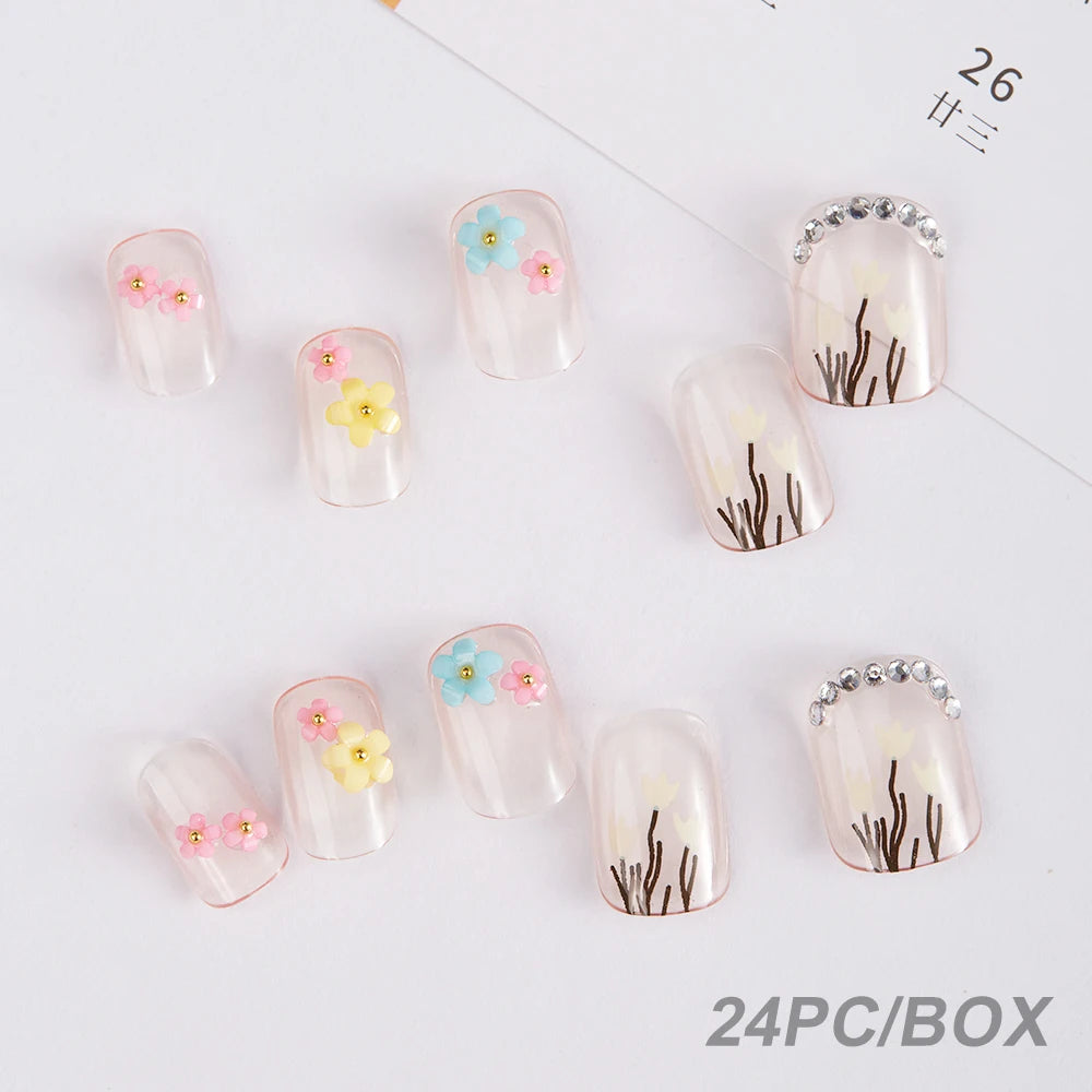 24Pcs Medium Long Ballet Gradient False Nails With Aurora Diamond Full Cover Square Coffin Fake Nails Pink Press-On Fingernails