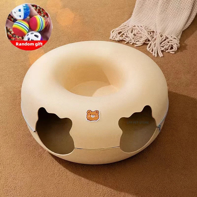 Cute Cartoon Shaped Interactive Toy for Cats House Felt Tunnel Cave Beds Removable Donut with Zipper Nest Basket Kitten Supplies