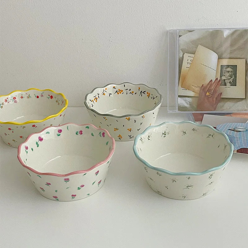 Fresh Pastoral Small Broken Flower Ceramic Bowl Ins Vintage Lace Salad Fruit Thickened Lovely Soup Rice Bowl Complimentary Spoon