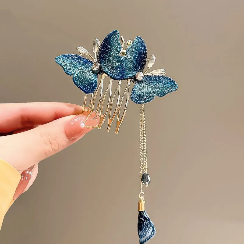 Dark Blue Butterfly Hair Comb Clip Chinese  Ancient Hairpin for Women Bamboo Flower Leaf Designer Tassel Hair Clips Styling Tool