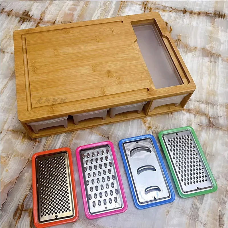 large organic kitchen chopping natural bamboo cutting board with 4 draw tray and 4 vegetable grater