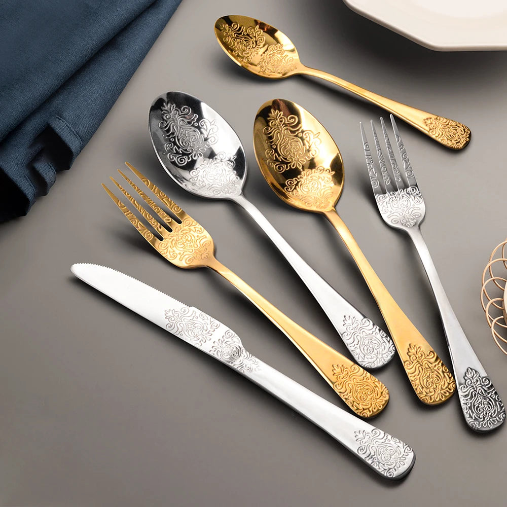 &Gold Luxury Cutlery Sets Fork Spoons Knife Silverware Kit Vintage Carved Tableware Set European Dinnerware For Home Kitchen