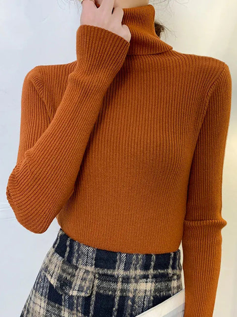 New 2022 Women Pullover Turtleneck Sweater Autumn Long Sleeve Slim Elastic Korean Simple Basic Cheap Jumper Solid Color Top