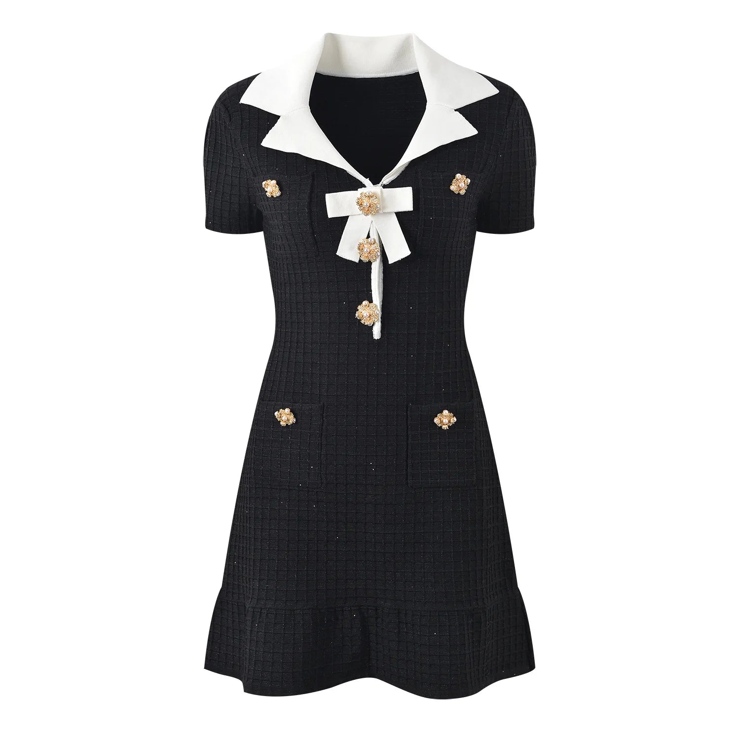 Women's knitted dress, socialite light luxury diamond embellishment, button bow, waistband, slimming knit dress