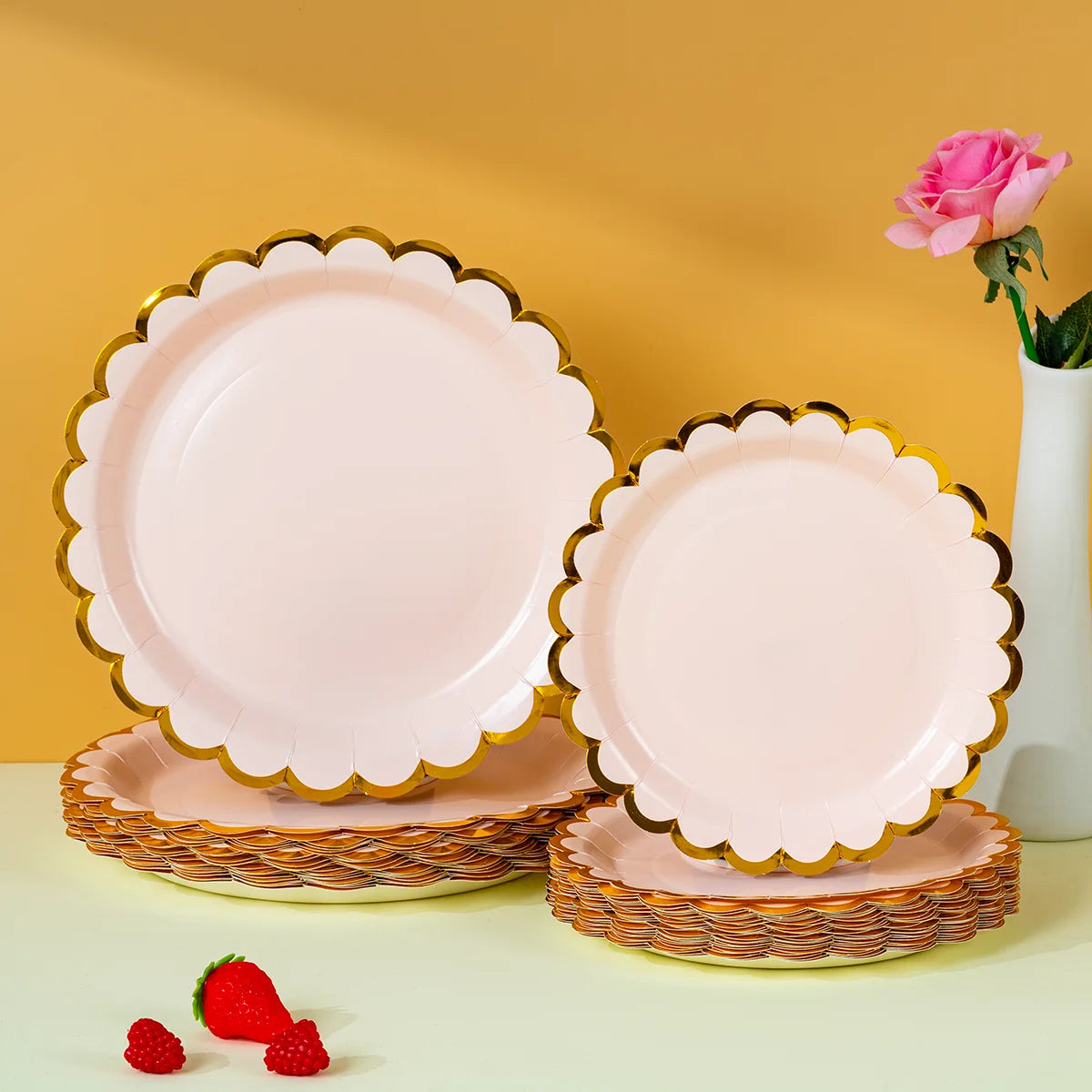 Disposable Paper Plates Pink Gold Scalloped Edge Round Plates for Wedding Birthday Party Tableware
