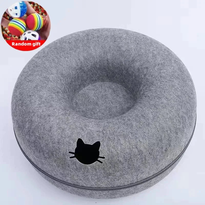 Cute Cartoon Shaped Interactive Toy for Cats House Felt Tunnel Cave Beds Removable Donut with Zipper Nest Basket Kitten Supplies