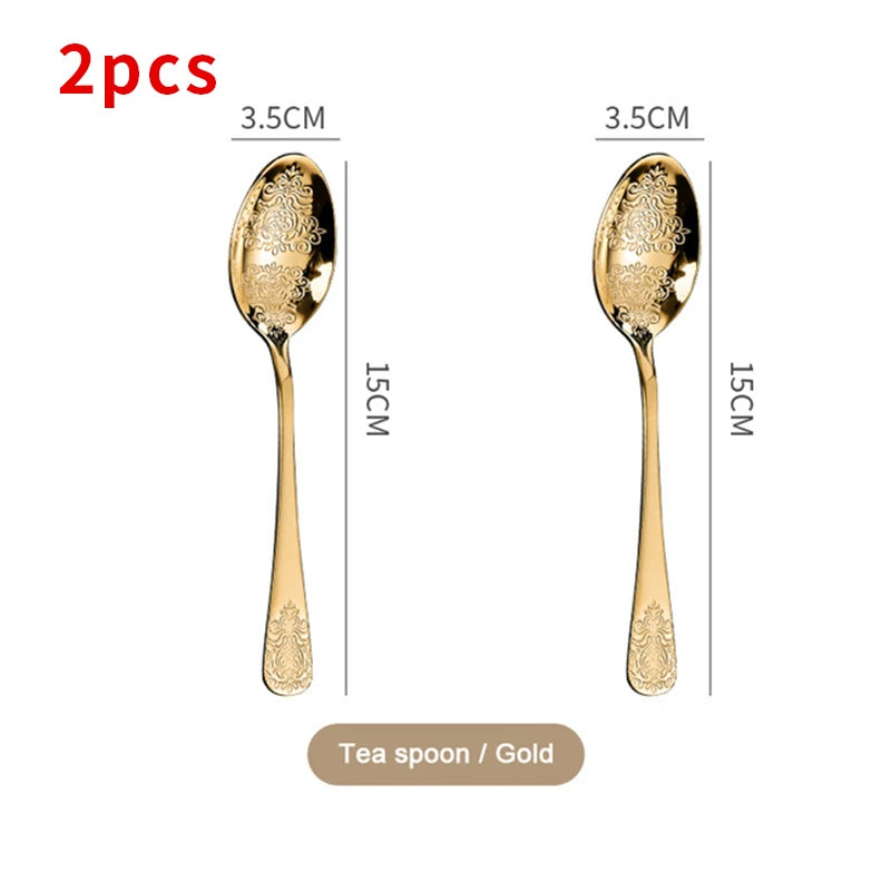 &Gold Luxury Cutlery Sets Fork Spoons Knife Silverware Kit Vintage Carved Tableware Set European Dinnerware For Home Kitchen