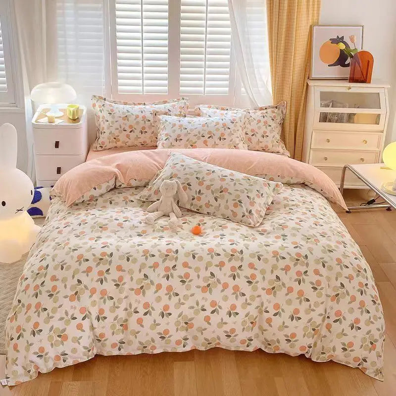 Cute Pink Strawberry Duvet Cover Flat Sheet Pillowcase Floral Bedding Set Girls Bed Linen Soft Thick Washed Cotton Bedclothes