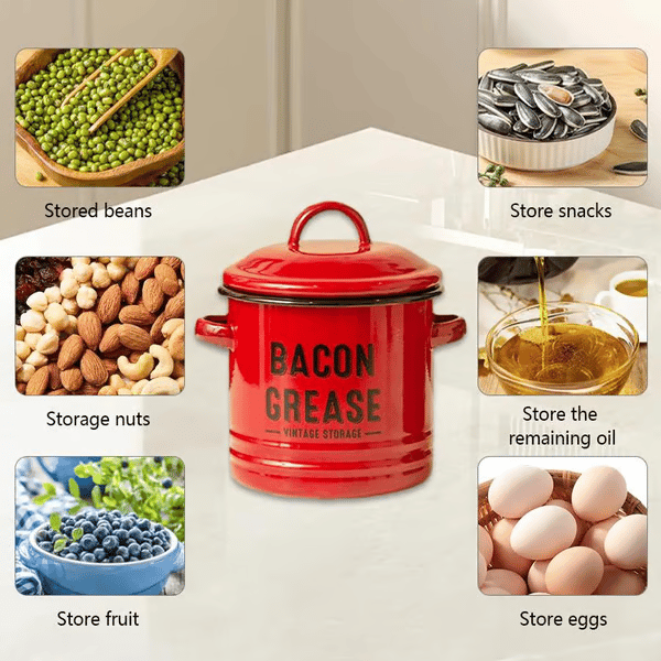 46-ounce bacon fat container, with strainer and food-grade silicone spatula