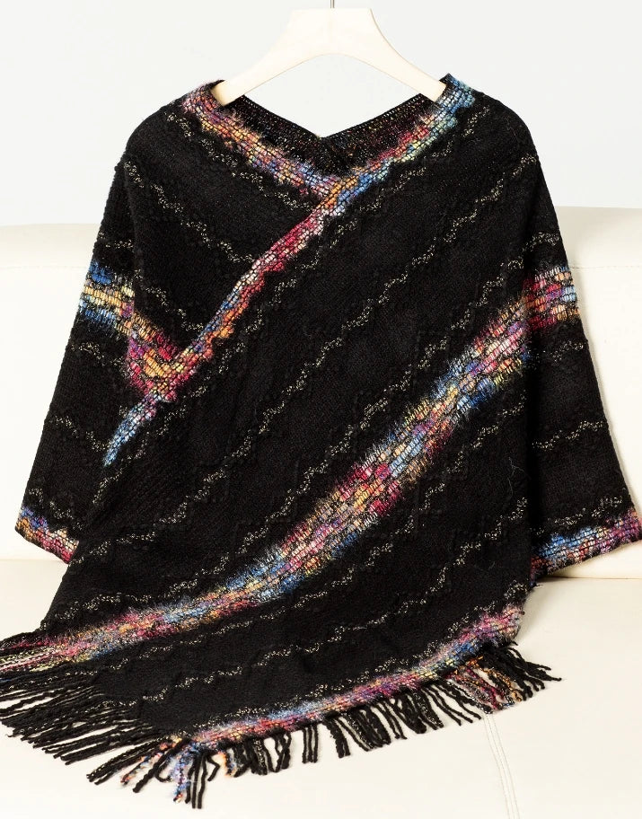 Elegant Women's Cloak Sweater Rainbow Stripe Tassel Knitted Cotton Shawl Versatile Scarf Urban Women's Autumn Warm Travel Shawl