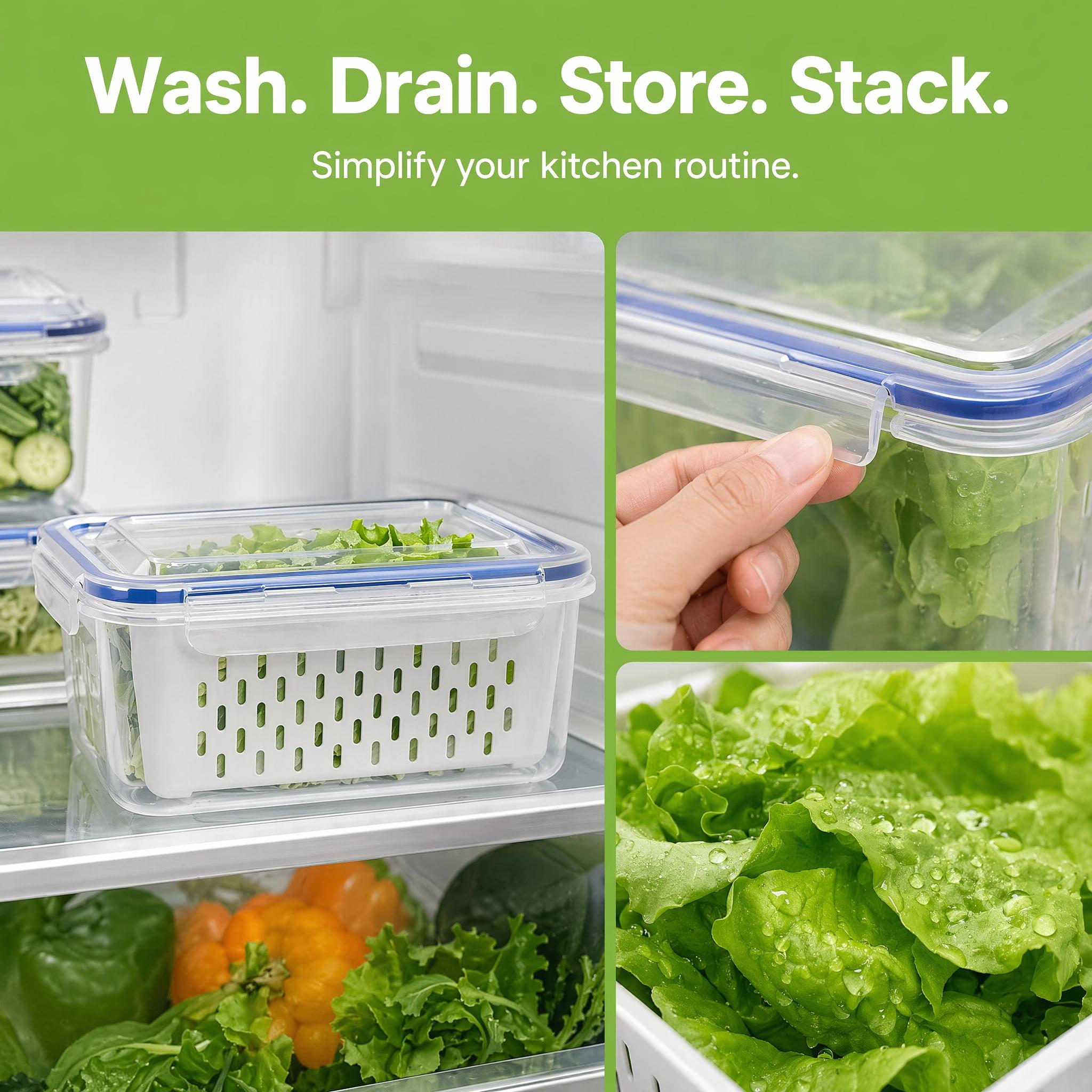 Fruit Storage Containers for Fridge with Removable Colander, Airtight Produce Saver, Dishwasher Safe Berry Keeper, 3 Sizes with Lids(Blue)