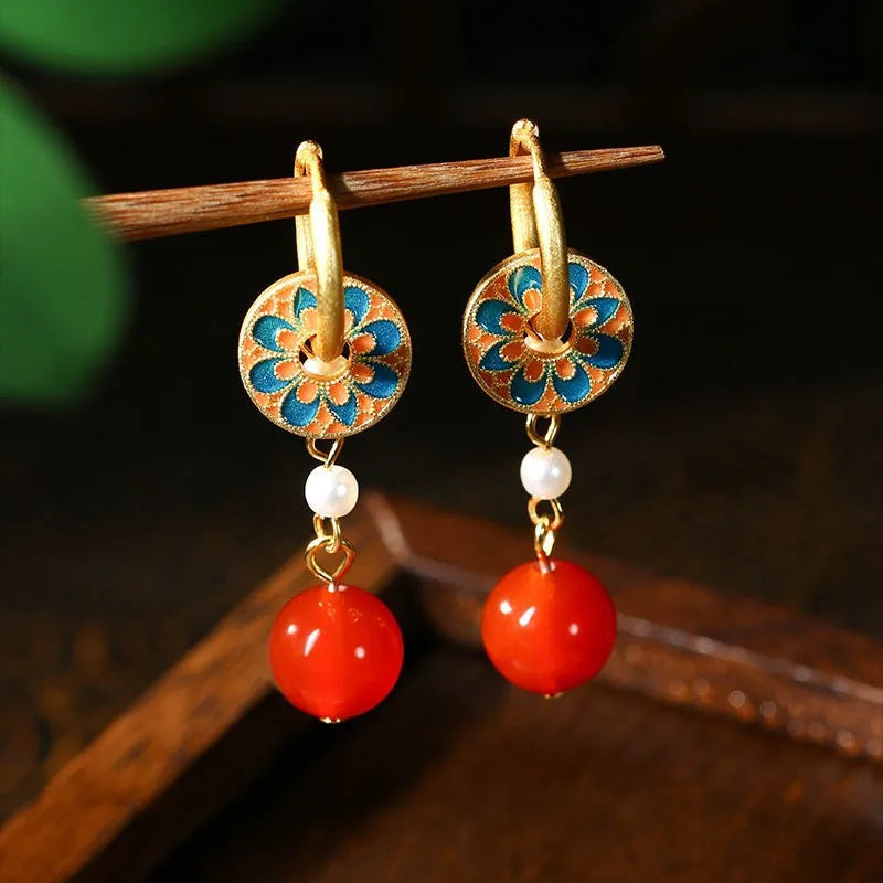 Red Real Jade Bead Earrings Women Natural Jewelry 18K Gold Plated Accessories Fashion Gemstone Gifts Designer Flower Carved