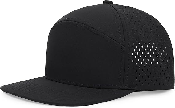 LUCKYSONG Flat Brim Adjustable Performance Hat, Performance Snapback Hats for Men Women Black