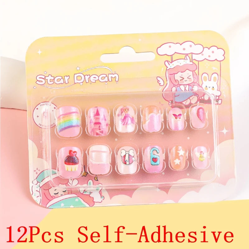 12pcs/Box Children Acrylic Fake Nails Safe Non-Toxic Adhesive Fake Nail DIY Artificial Fingernails for Girls Children's Day Gift