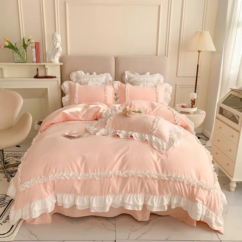 Elegant Lace Bedding Sets Luxury Bed Linen Princess Washed Cotton Ruffle Duvet Cover Bed Sheet and Pillowcases for Girl Luxury