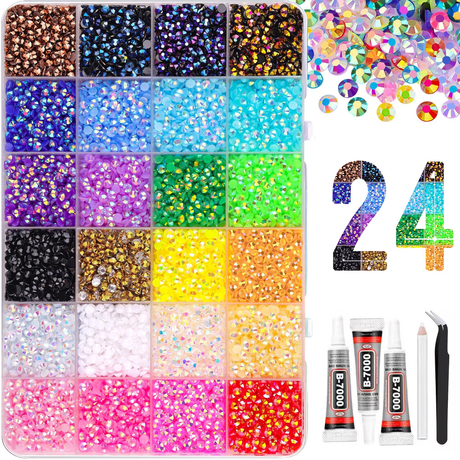 34000Pcs 24 Colors Jelly Rhinestones for Bedazzling, 3mm Multicolor Resin Flatback Gems, Bedazzler Kit with 3Pcs 10ml B7000 Jewelry Glue for Crafting Book Shoes Nail Art