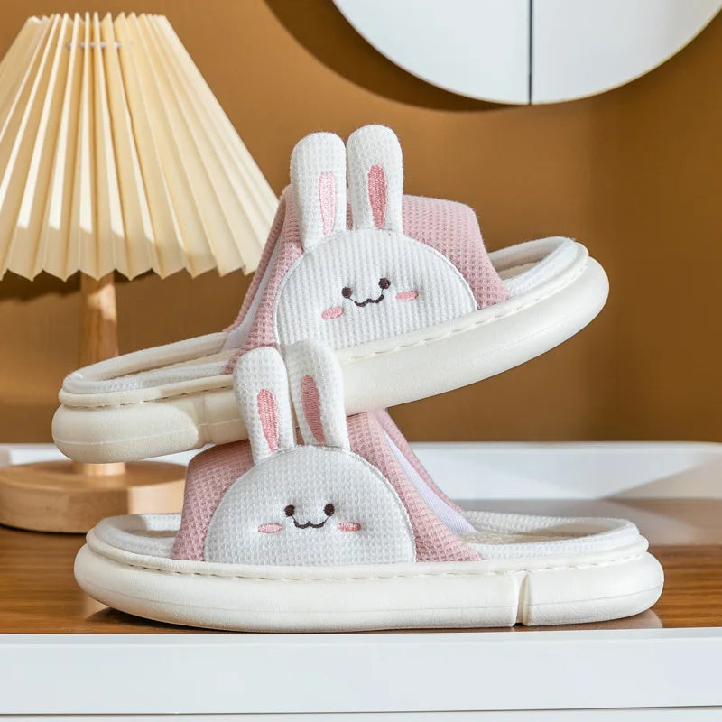 Linen Platform Slippers Women Home Cute Cartoon Rabbit Designer Shoes Girls Fashion Casual House Slipper Ladies Elegant Open Toe