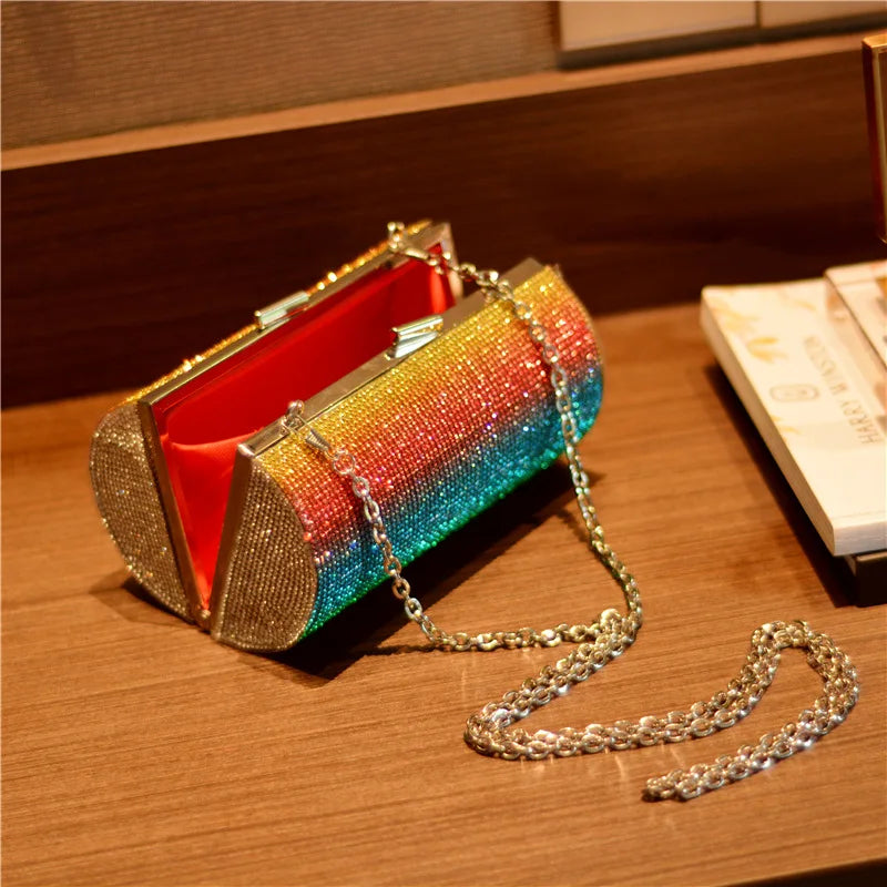 Rainbow Rhinestone Purse Evening Bags for Women Luxury Party Handbag for Wedding Clutch Bag Diamond Cylinder Shoulder Bag