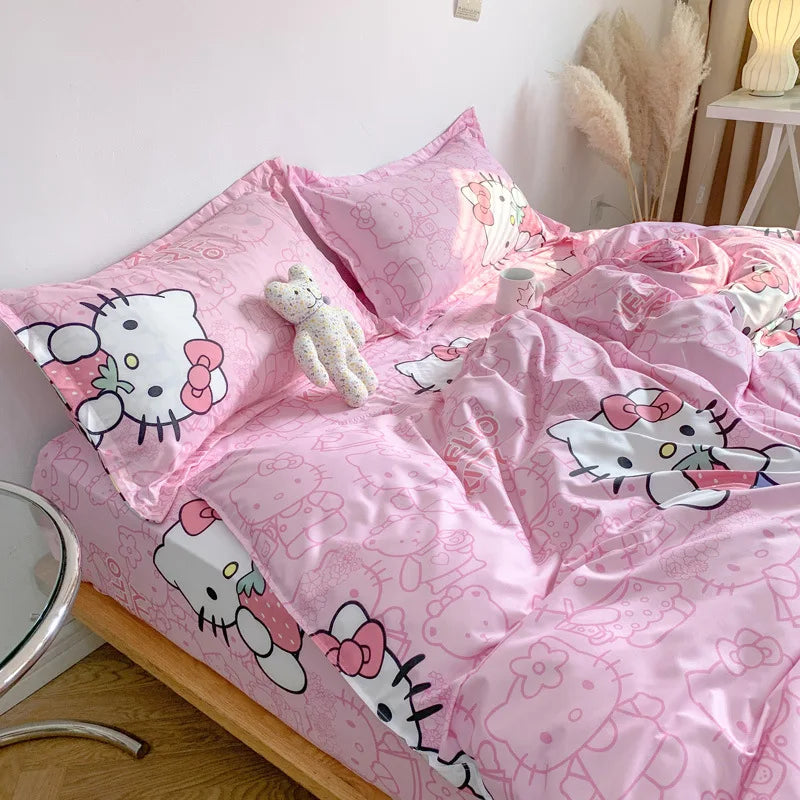 Sanrio Hello Kitty Cotton Bedding Set Cute Double Flat Sheet Duvet Cover Pillowcase Bed Linens Girl Dorm Bedclothes Home Textile