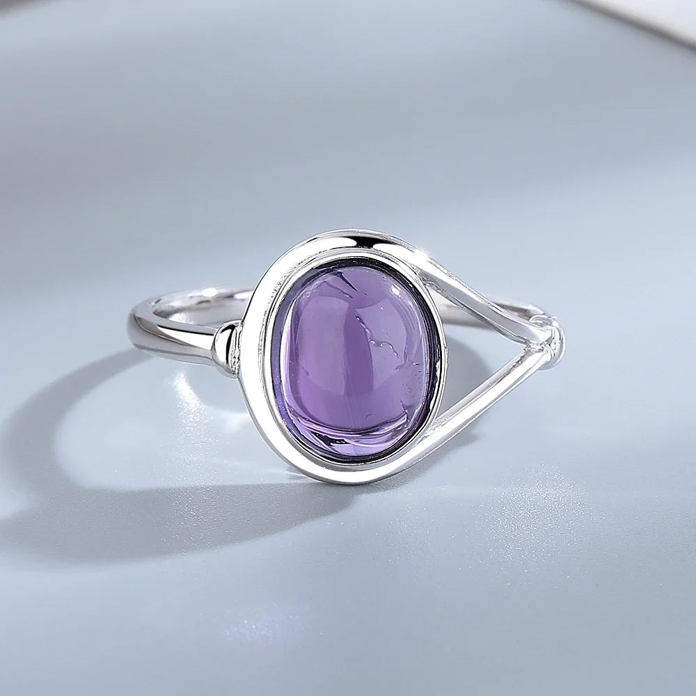 925 Sterling Silver Jewelry Ring 8*10MM Round Natural Moonstone Amethyst Agate Stone Vintage Ring For Women Party Gifts