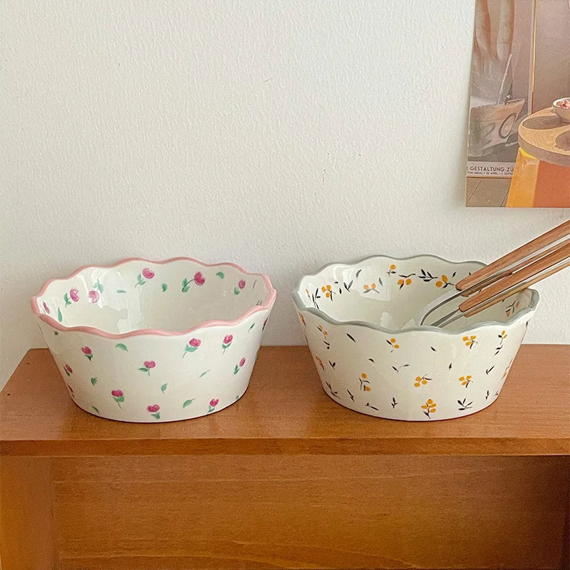 Fresh Pastoral Small Broken Flower Ceramic Bowl Ins Vintage Lace Salad Fruit Thickened Lovely Soup Rice Bowl Complimentary Spoon