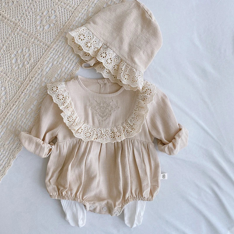 Infant Baby Girl Bodysuits+Hat Cotton Flower Embroidery Long Sleeve