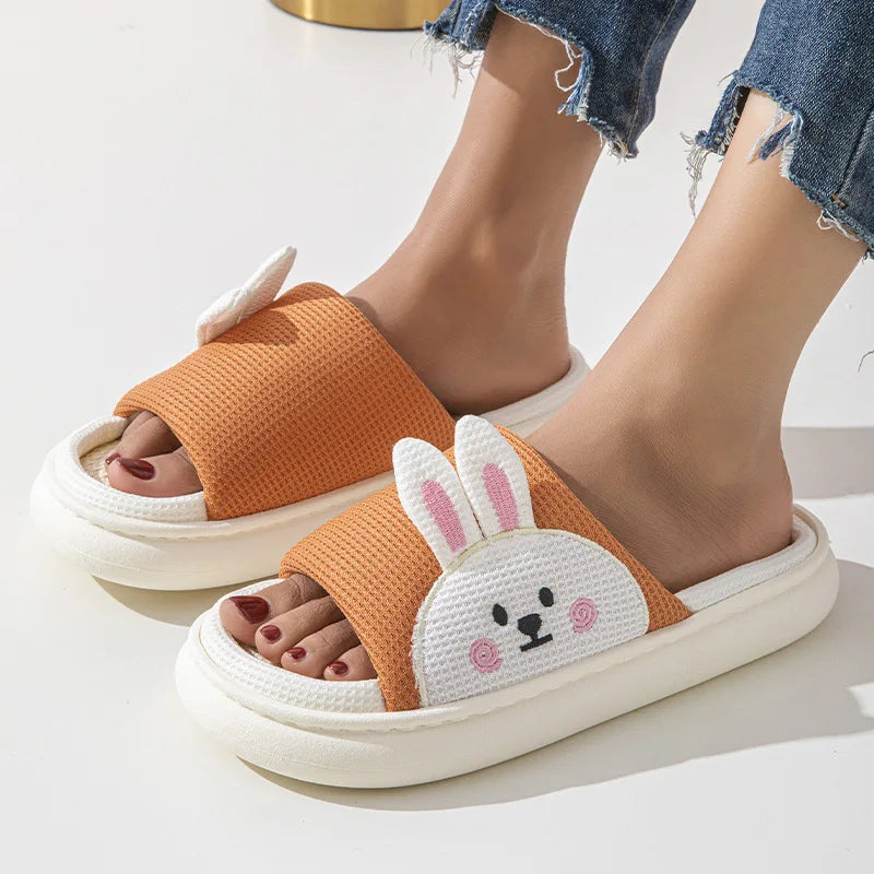 Linen Platform Slippers Women Home Cute Cartoon Rabbit Designer Shoes Girls Fashion Casual House Slipper Ladies Elegant Open Toe