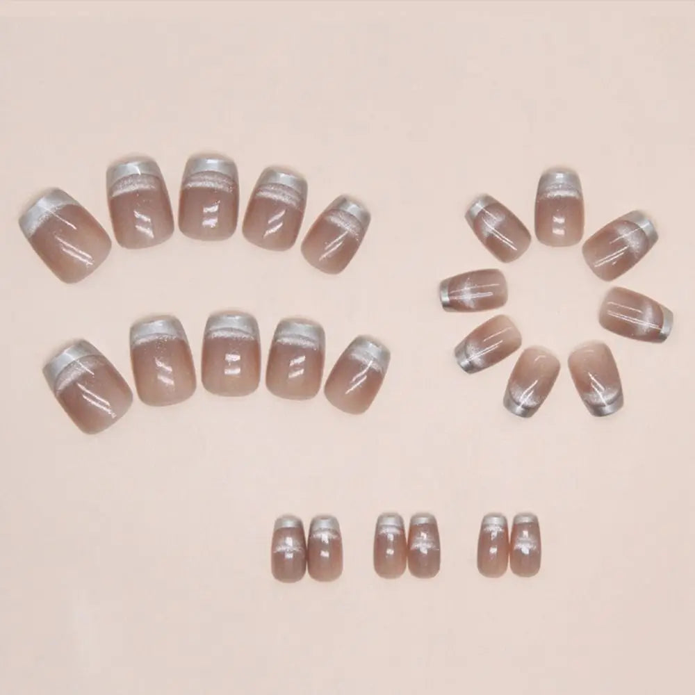 24pcs Cat Eye Fake Nails Square Head French Nails Press on Nails Full Cover Nail Tips Waterproof Faux Fingernails