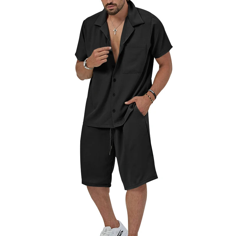 Men's 2Pcs Outfits, Casual Lapel Button Up Short Sleeve Shirt And Drawstring Shorts Set For Summer, Men's Clothing For Daily Lei