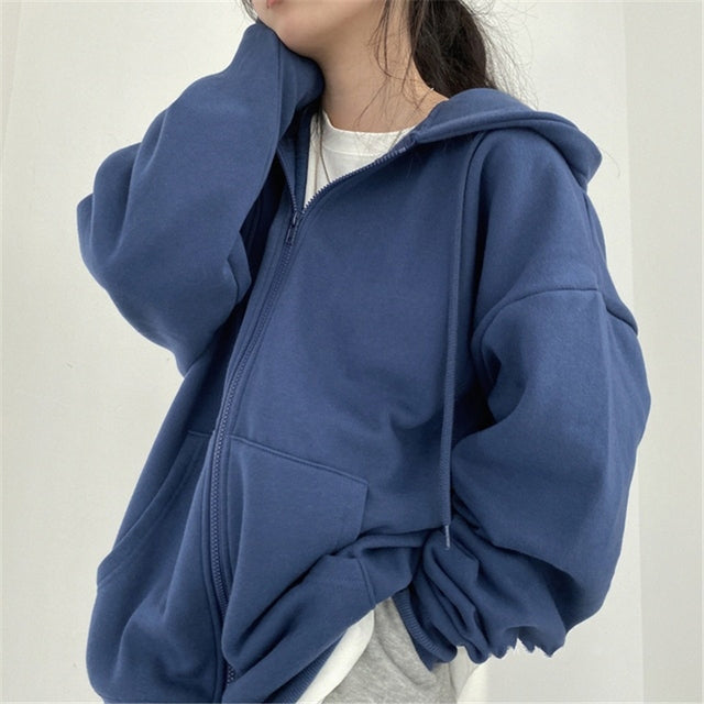 Women Hoodies Harajuku Korean Version Loose Oversized Sweatshirts Vintage Solid Color Long Sleeve Hooded Sweatshirt Zipper Coats