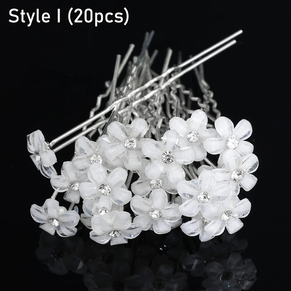 20pcs Women Flower Hairpin Stick Wedding Bridal Crystal Pearl Hairpin U Shaped Hair Clip Barrettes Hair Accessories Wholesale