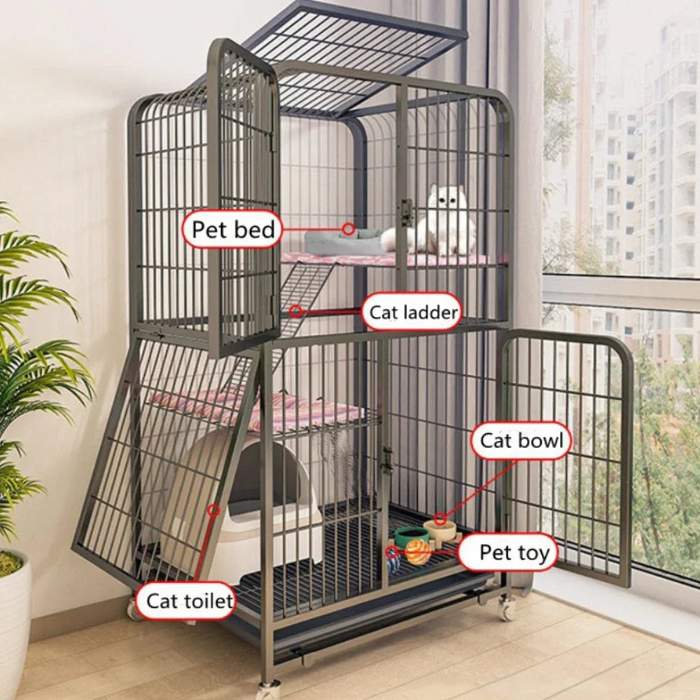 Stainless Steel Pet Villa Modern Iron Mesh Cat Cage Indoor Double Layer Dog House Large Space Free Space Pulley Cat Cages Indoor