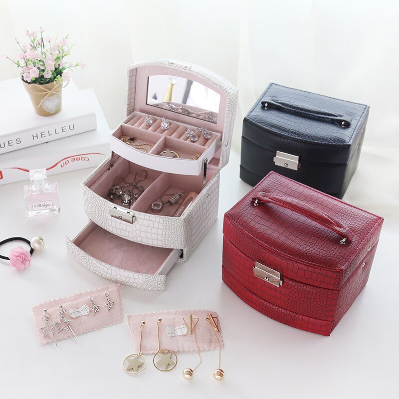 2022 High-Quality Best Selling European Large Capacity Three Layers Jewelry Box/ Leather Box with Lock and Mirror/ Wedding Gift