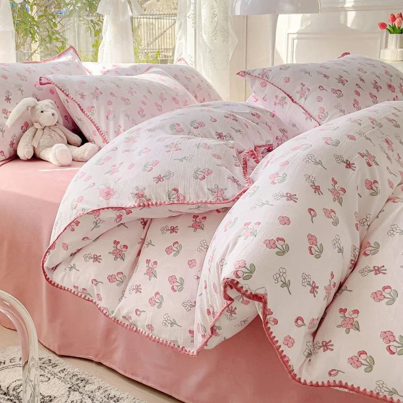 Pastoral Girls Flower Bedding Sets, Washed Cotton Bed Linens, Soft Quilt Cover Sheet Set, Simple Bedspread, Home Textiles