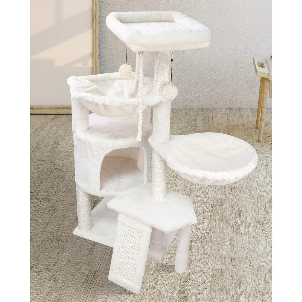 Three Layer Cat Tree with Cat Condo Scratch Pad and Two Hammocks,Beige