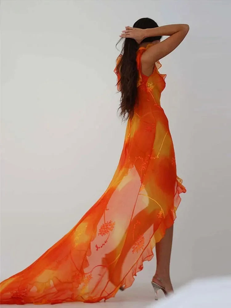 Orange Tie Dyed Printed Trailing Dress Low Cut Backless Ruffle High Split Long Dresses Summer Chic Female Party Evening Robe