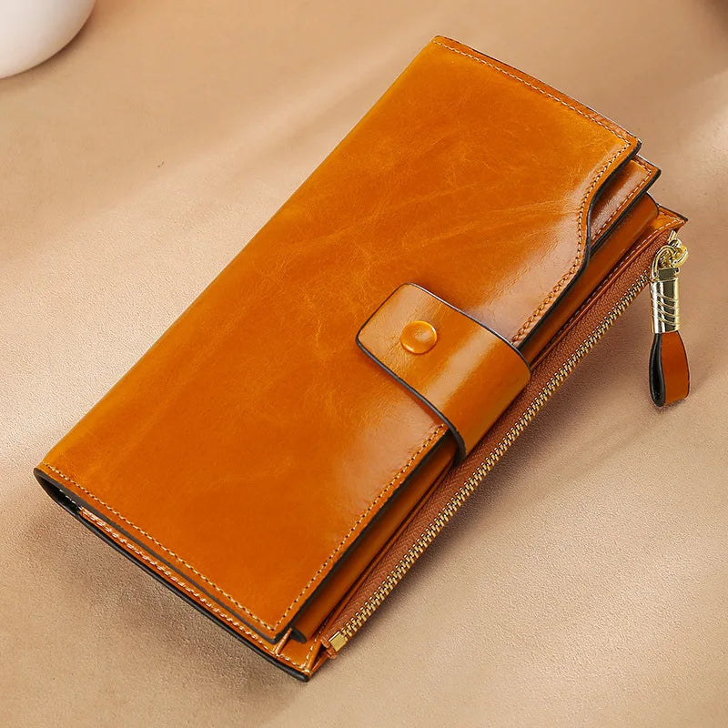 Blocking Genuine Leather Women Wallet Long Lady Leather Purse Brand Design Luxury Oil Wax Leather Female Wallet Coin Purse