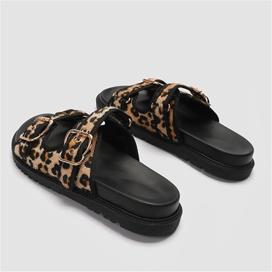 Summer Women Slippers Leopard Print Sandals Thick Sole Platform Shoes Woman 2024 Trend Buckles Ladies Beach Slides Big Size 43