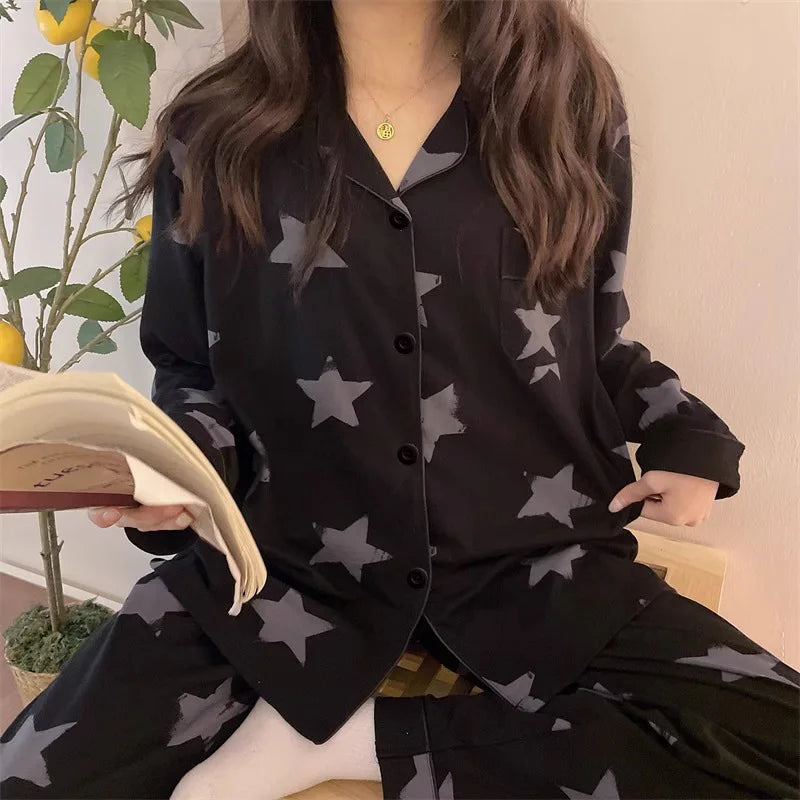 Korean Pajamas Women's Spring and Summer New Long-sleeved Black Star Full Print Loungewear Set Pijamas Women Lingerie Sleepwear