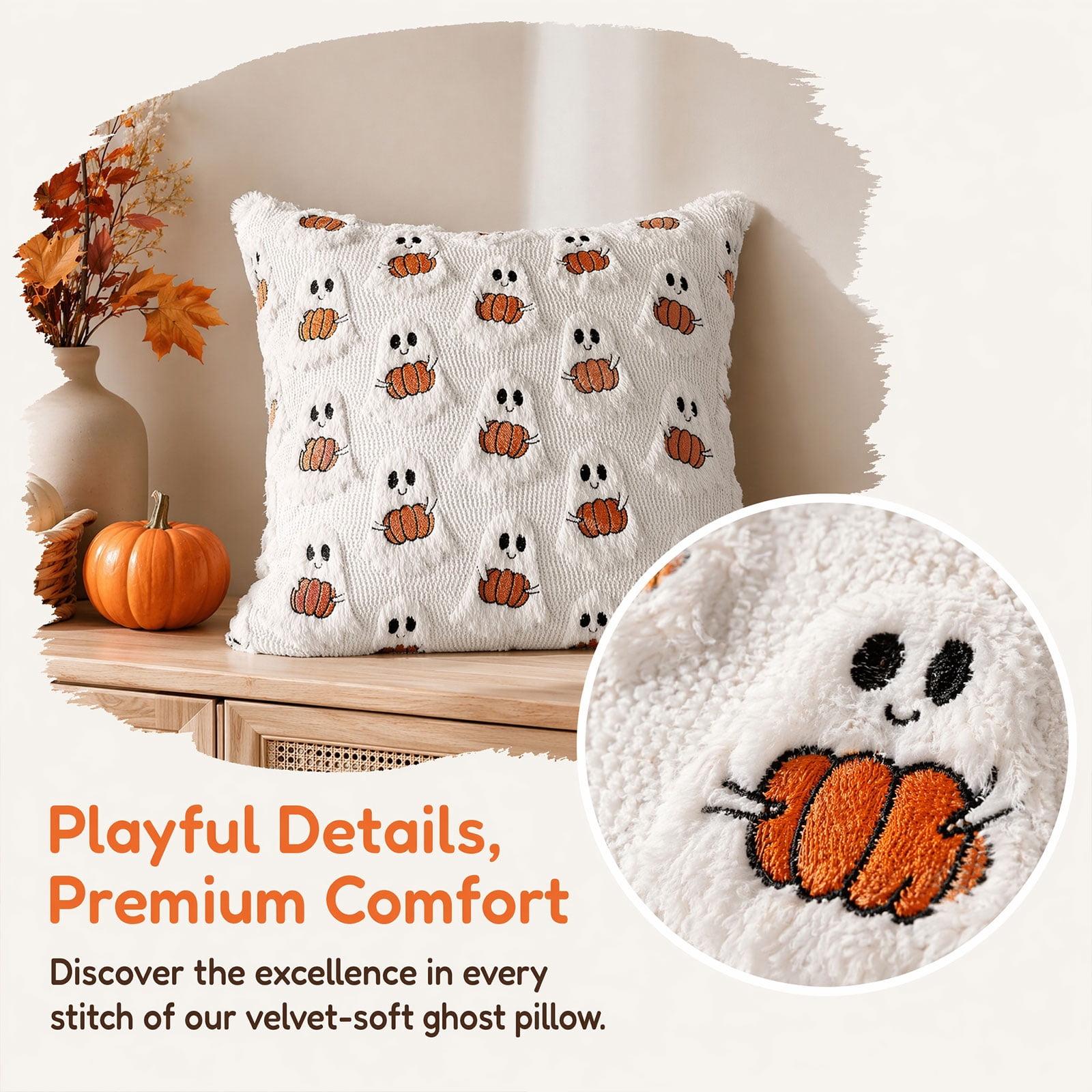 Halloween Throw Pillow Covers 18x18, Ivory Cute Ghost Hugging Pumpkin, Soft Plush for Spooky Season & Cozy Fall Decor.
