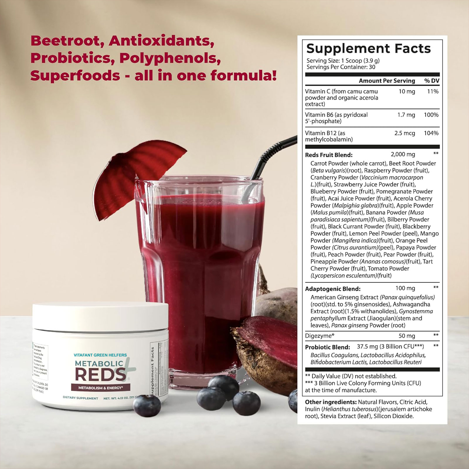 VITAFANT GREEN HELFERS Reds Superfoods Pulver - Nur 10 Kalorien Obst- und Gemüse-Adaptogen-Getränk mit Rote Beete, Polyphenolen, probiotischem Pulver - Antioxidantien-Ergänzung für Energie, 30 Portionen