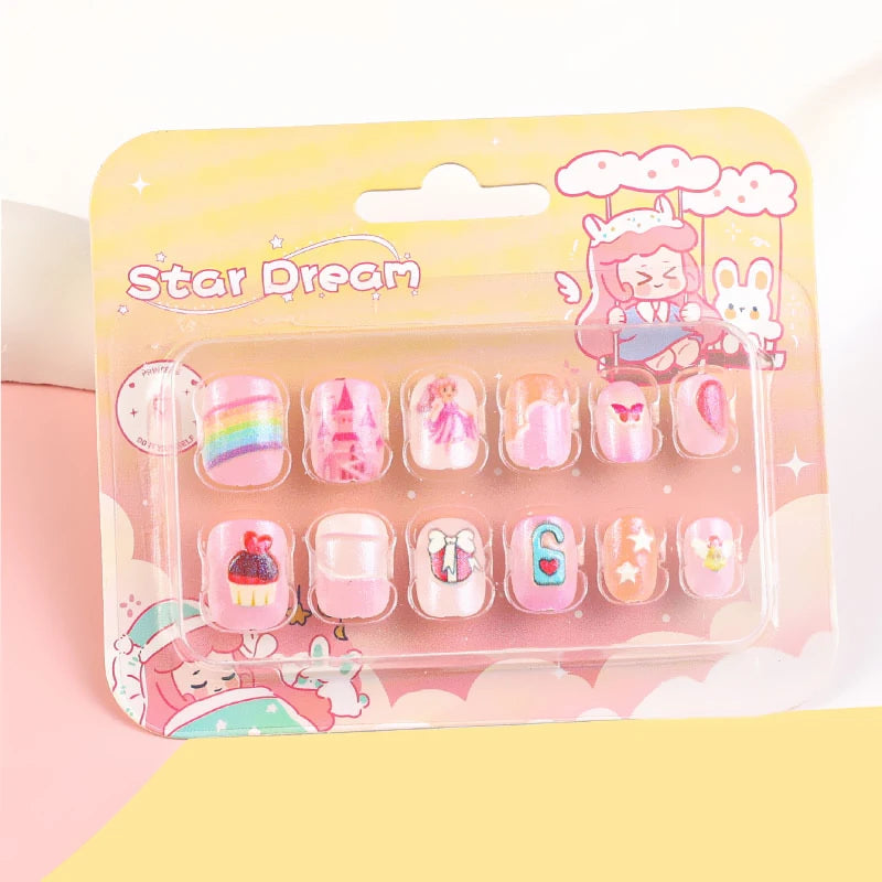 12pcs/Box Children Acrylic Fake Nails Safe Non-Toxic Adhesive Fake Nail DIY Artificial Fingernails for Girls Children's Day Gift