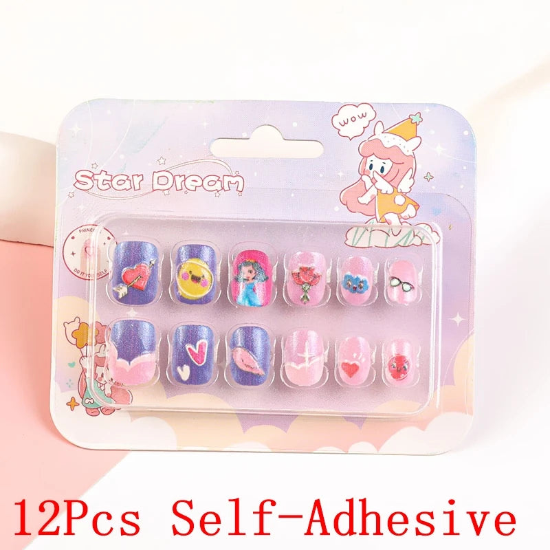 12pcs/Box Children Acrylic Fake Nails Safe Non-Toxic Adhesive Fake Nail DIY Artificial Fingernails for Girls Children's Day Gift