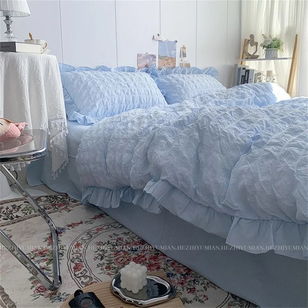 Quilt Cover INS Girl Blue Solid Color Seersucker Ruffles Lace Bedding Set Kawaii  Soft Sheet Woman Duvet Cover Pillow Covers