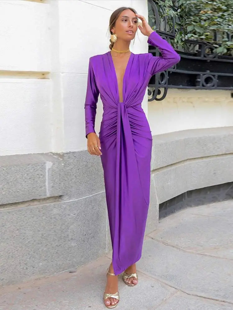 Elegant Solid Pleated Slim Sleeveless Midi Dress Women Sexy Deep V Neck High Slit Robe 2024 Summer Chic Lady Party Street Wear